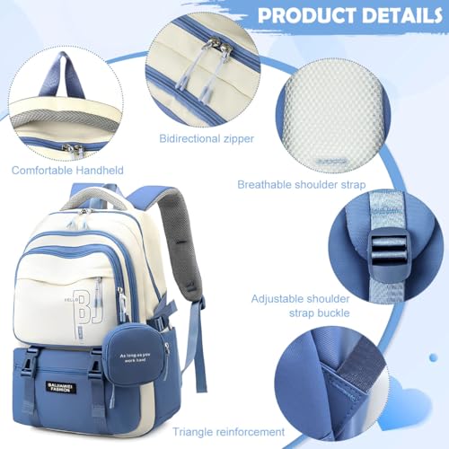 PALAY® Girls Backpack School with Small Zipper Pouch Fashion Blue Nylon Padded Shoulder Straps Handle Design Multi Compartment Large Camping Travel 2 PCS PALAY® Girls Backpack School with Small Zipper Pouch Fashion Blue Nylon Padded Shoulder Straps Handle Design Multi Compartment Large Camping Travel 2 PCS